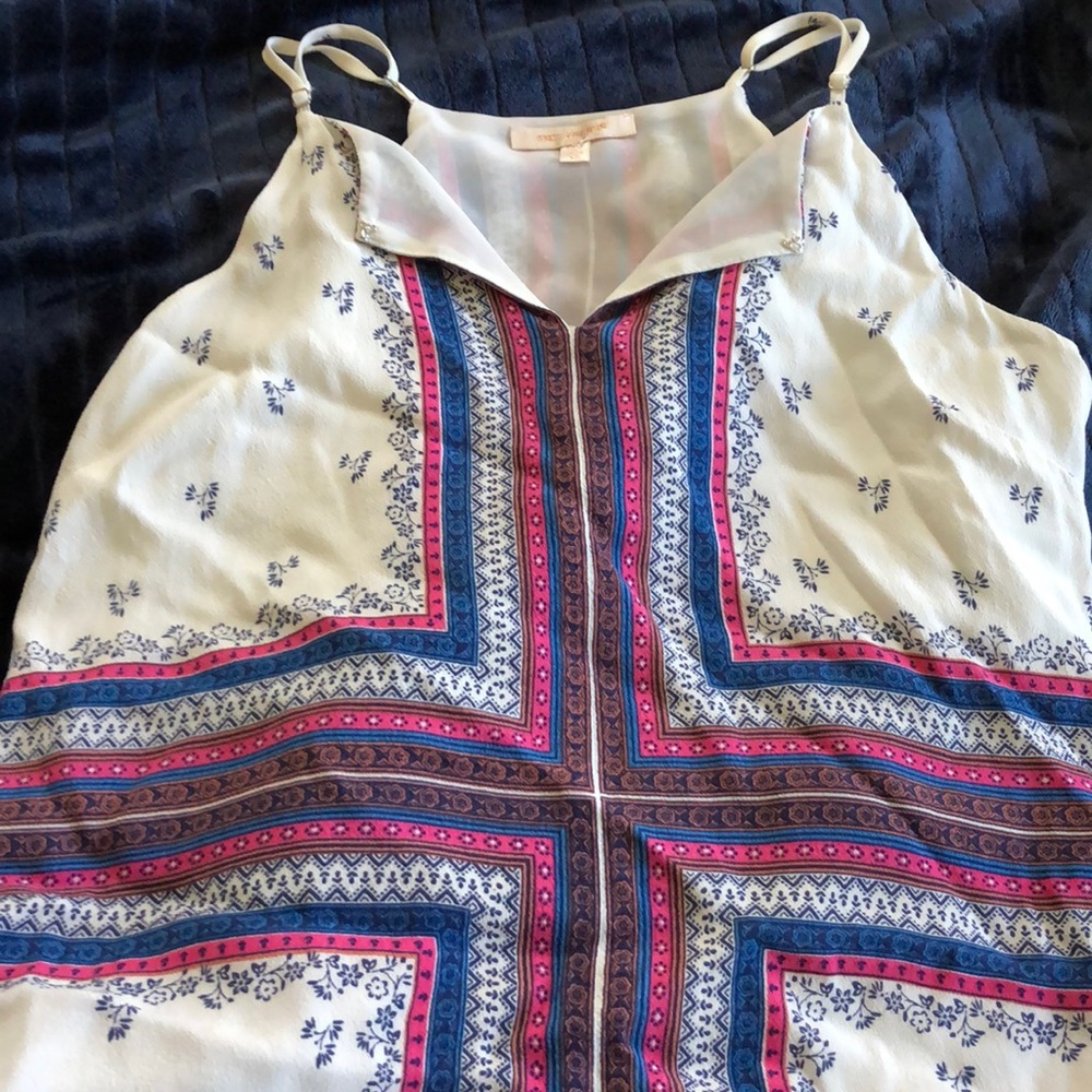 Boho Festival Cross Print Tank‎ Top Sz XS White Pink Blue